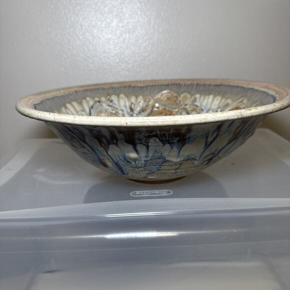 Julie Perry Signed Pottery Large Clay Bowl Tan Blue Glaze Celebrate the Wonder - Picture 4 of 12